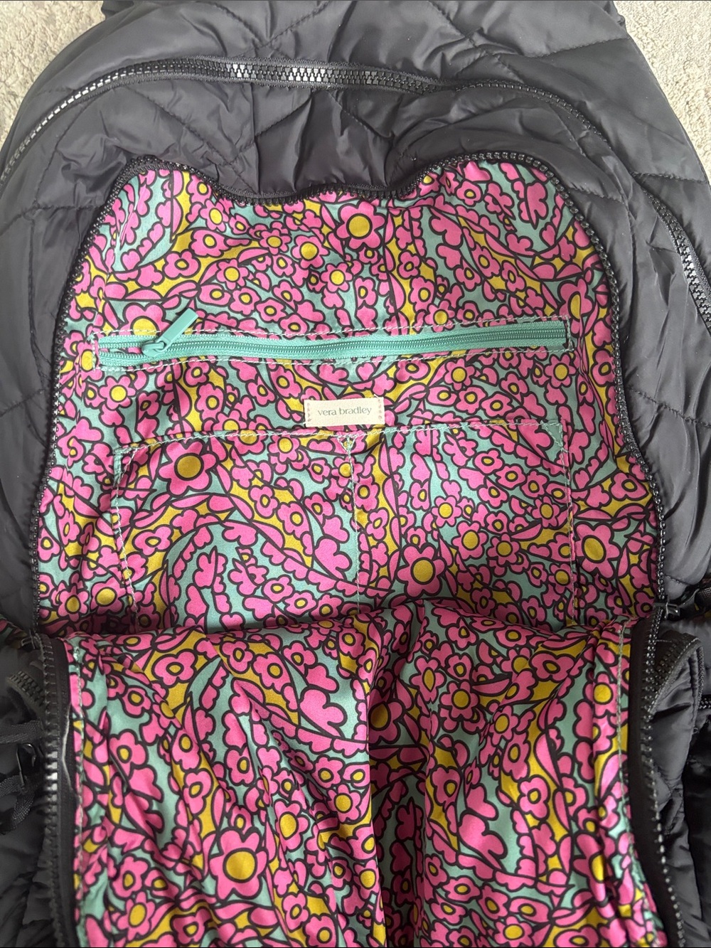 Vera Bradley Quilted Black Backpack with Front Zip Pockets - Picture 3 of 4